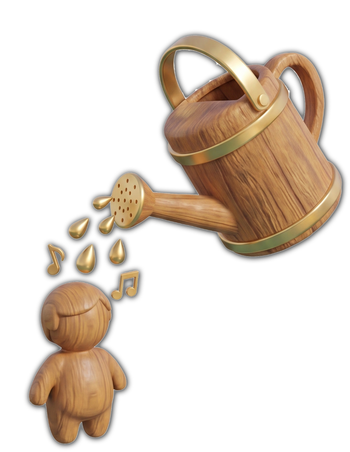 A wooden figurine of a person with musical notes and speech bubbles above its head, a watering can with gold accents pouring water, and musical notes coming out of the watering can.