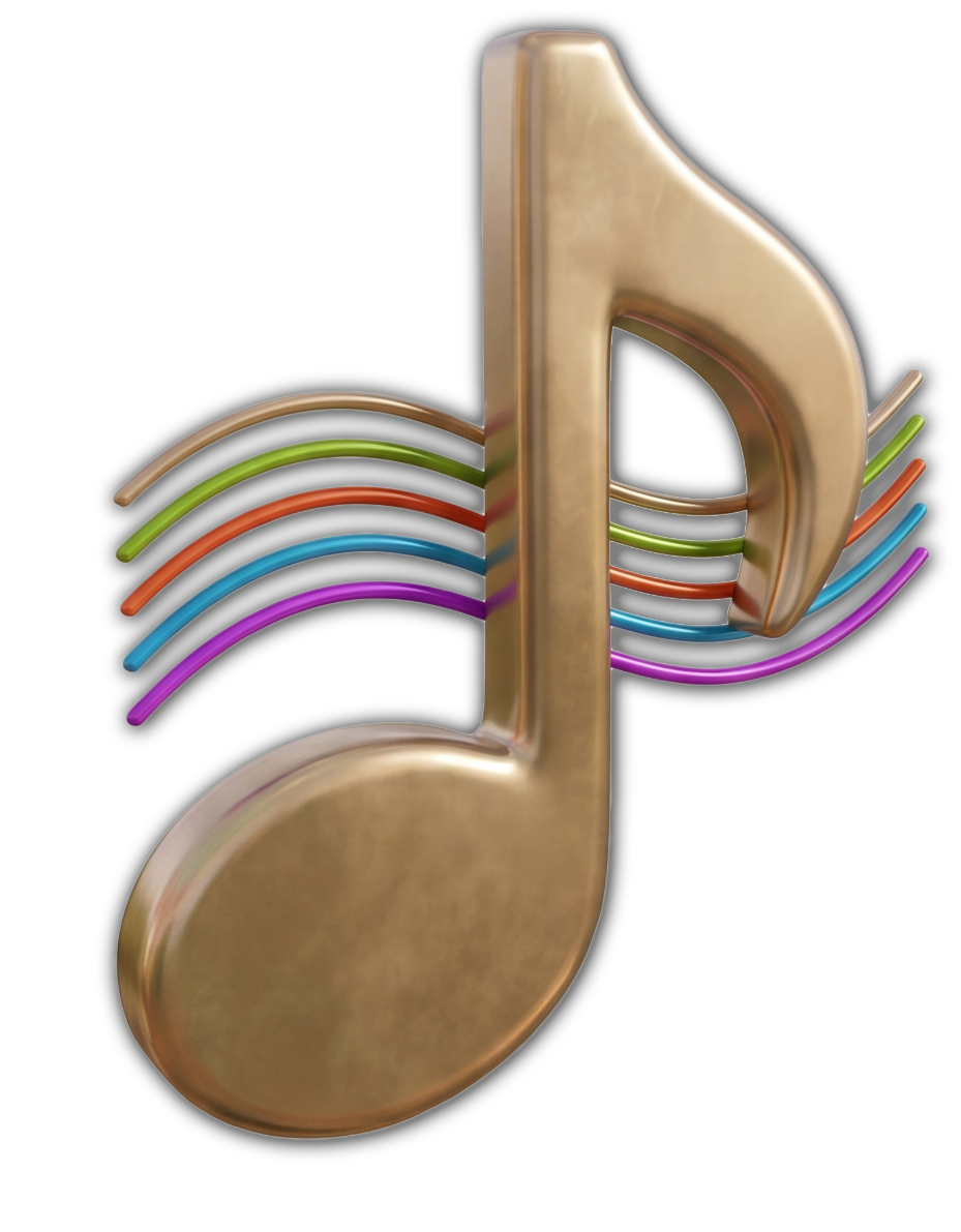 A metallic musical note with colorful sound waves surrounding it on a black background.