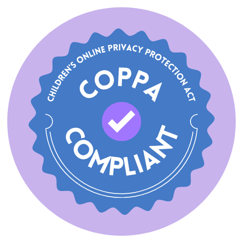 A blue and purple badge that reads 'COPPA COMPLIANT' with the text 'Children's Online Privacy Protection Act' around the top and a check mark in the center.