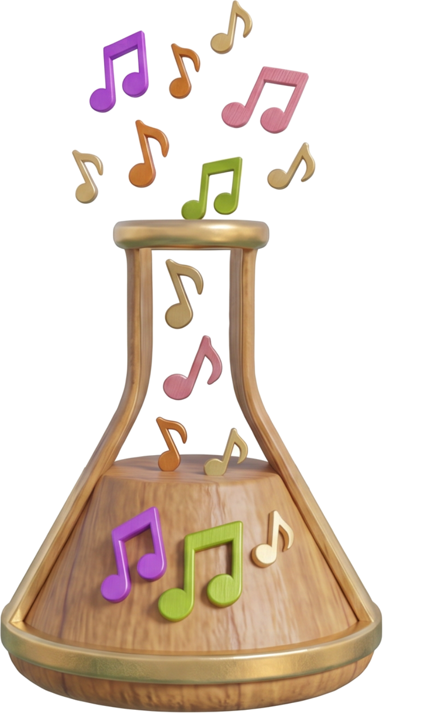 Wooden stand with colorful musical notes floating above, representing music and sound.