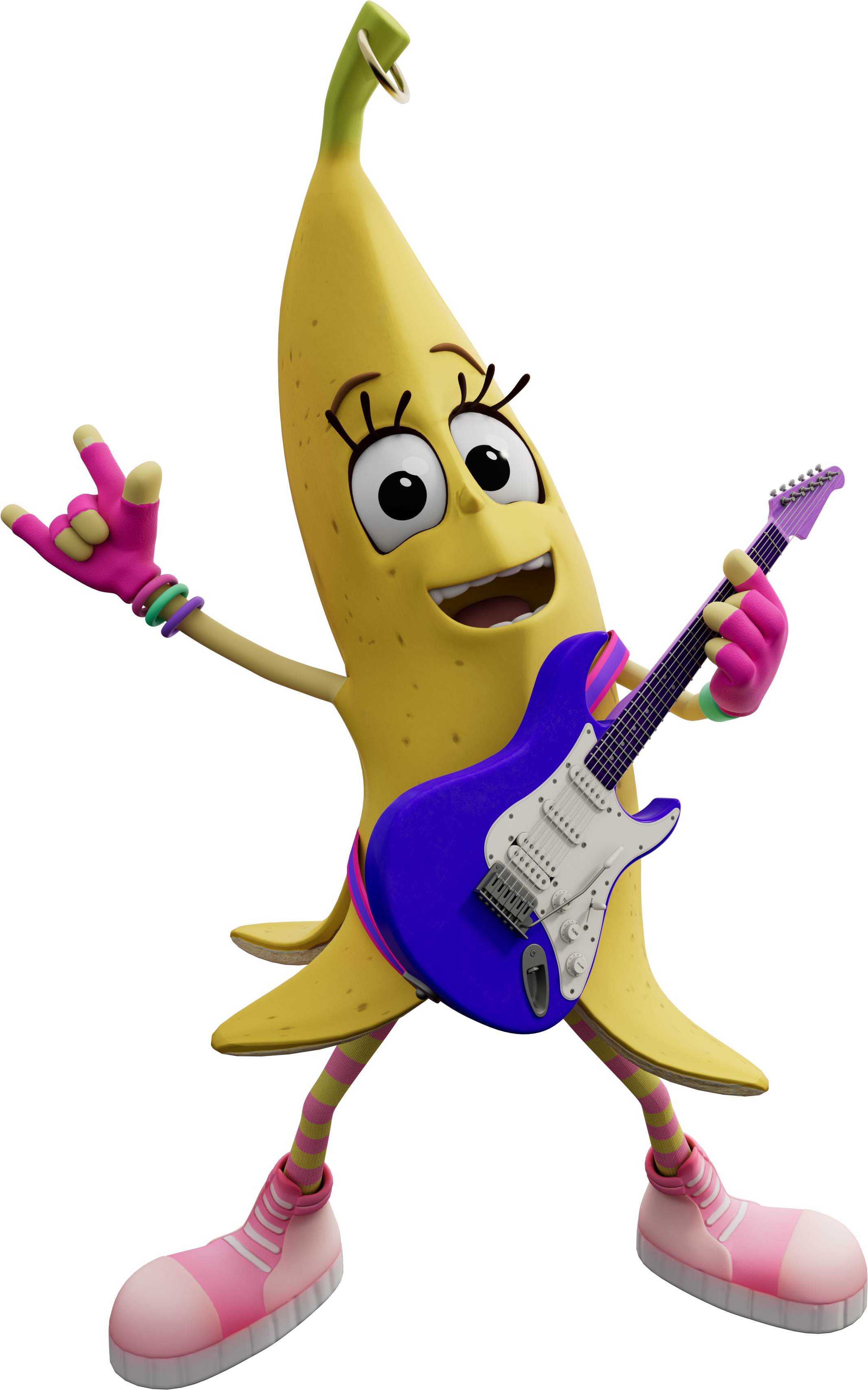 Animated banana character playing a blue electric guitar, wearing pink sneakers, striped socks, and colorful bracelets, with a cheerful expression