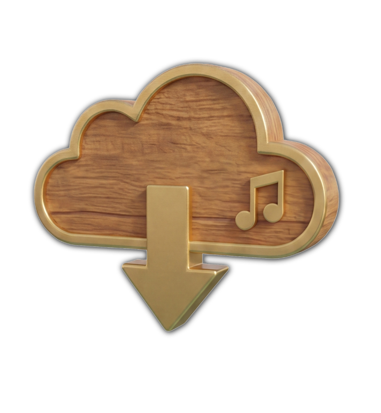 Wooden cloud-shaped icon with a yellow arrow pointing downward, a music note, on a black background.