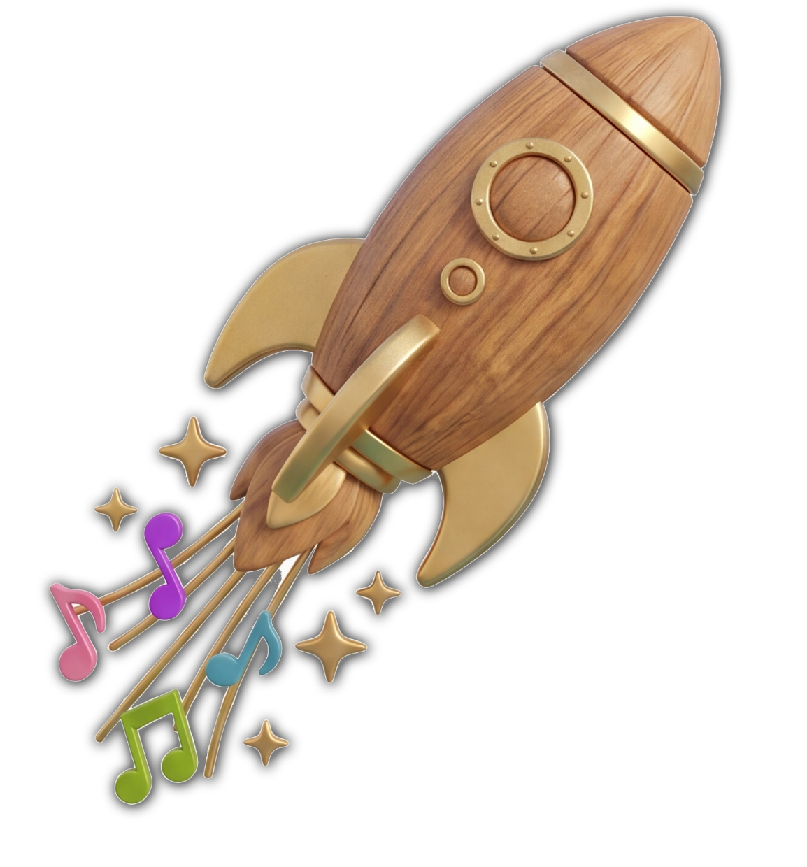 A wooden rocket-shaped music speaker with gold accents, emitting colorful musical notes and stars.