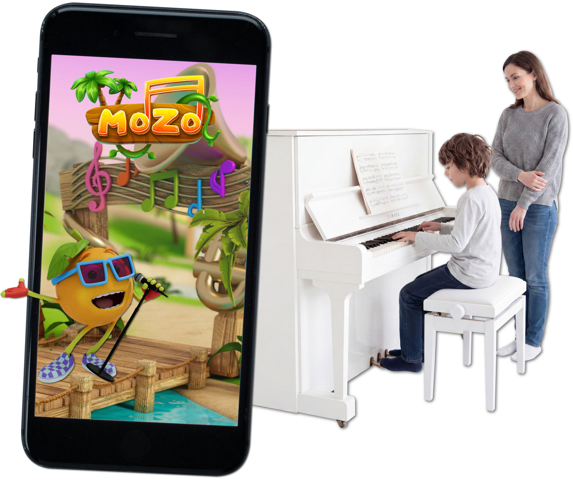 Cell phone displaying a colorful animated game with cartoon characters, musical notes, palm trees, and vibrant scenery. In the background, a woman and a boy are playing piano together, with the woman smiling and watching the boy.