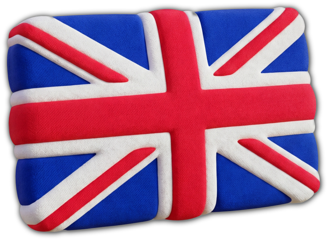 A pillow with the design of the United Kingdom flag, featuring red, white, and blue colors.