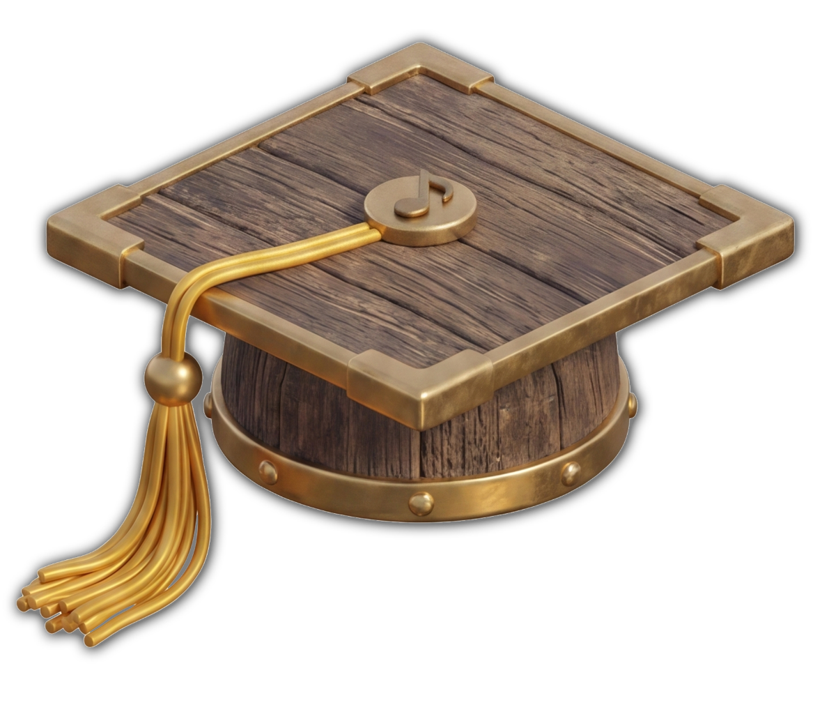A virtual graduation cap with a wooden texture, gold accents, and a musical note symbol on top, featuring a gold tassel hanging from the side.