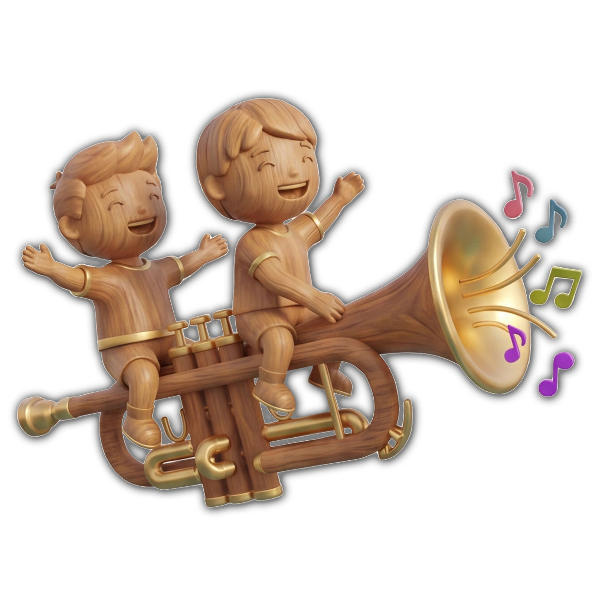 Wooden sculpture of two children playing a large horn, with colorful musical notes coming out.