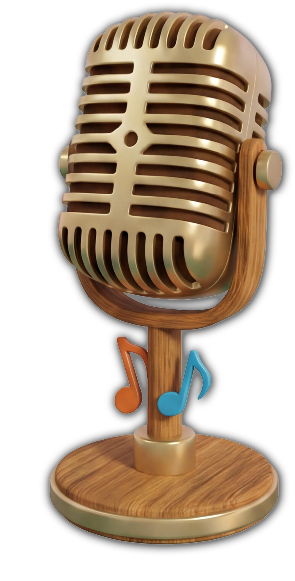 A vintage-style microphone with a wooden stand and two music notes, one orange and one blue, hanging from the stand.