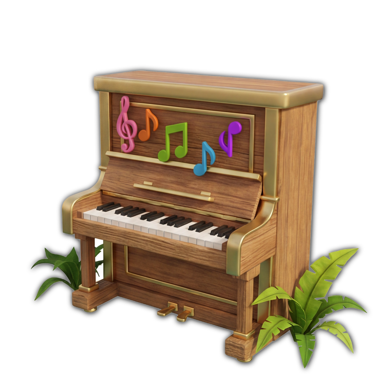 A small wooden toy piano with colorful musical notes on the music stand, surrounded by green plants.