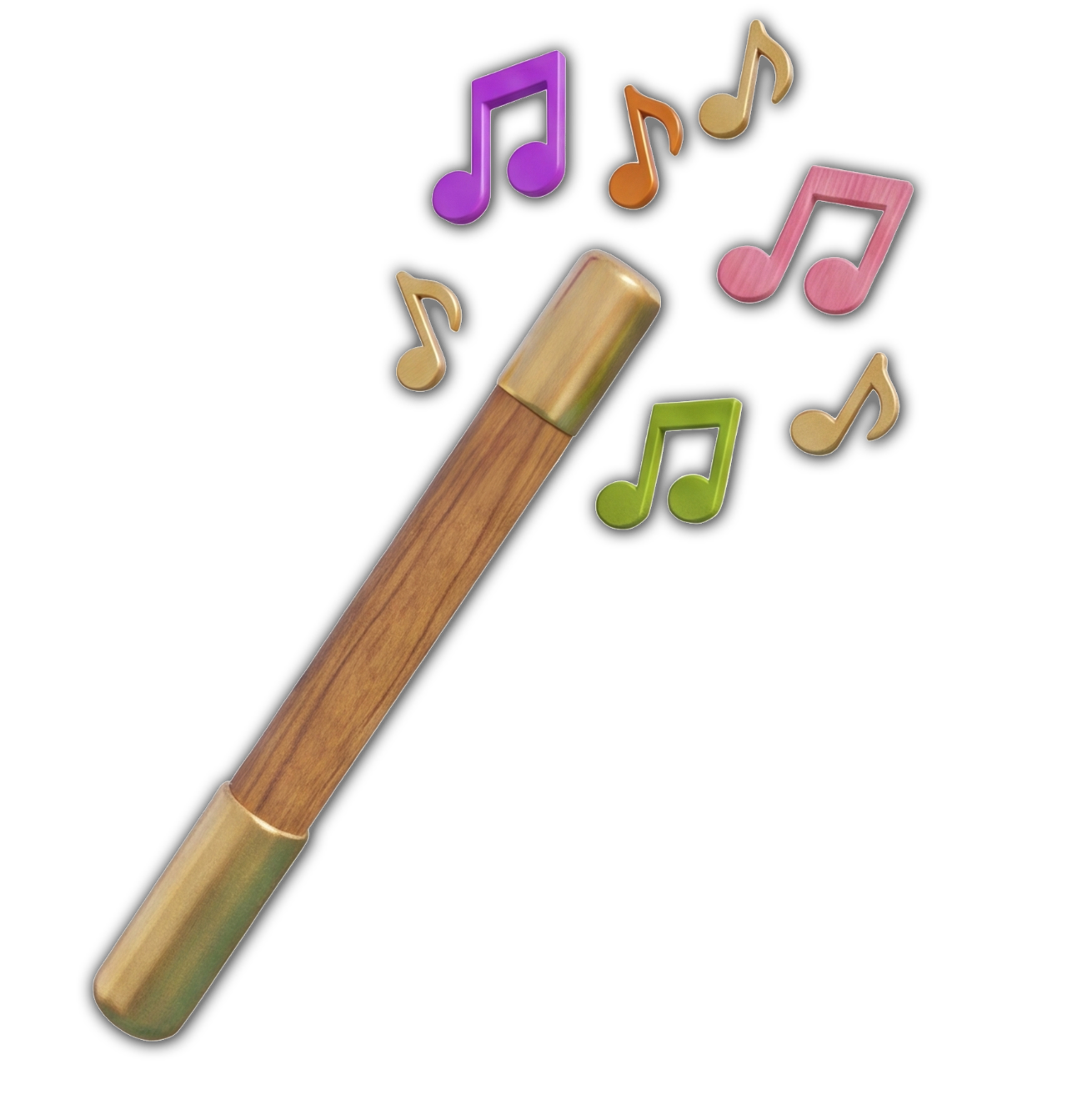 A magic wand emitting colorful musical notes against a black background.