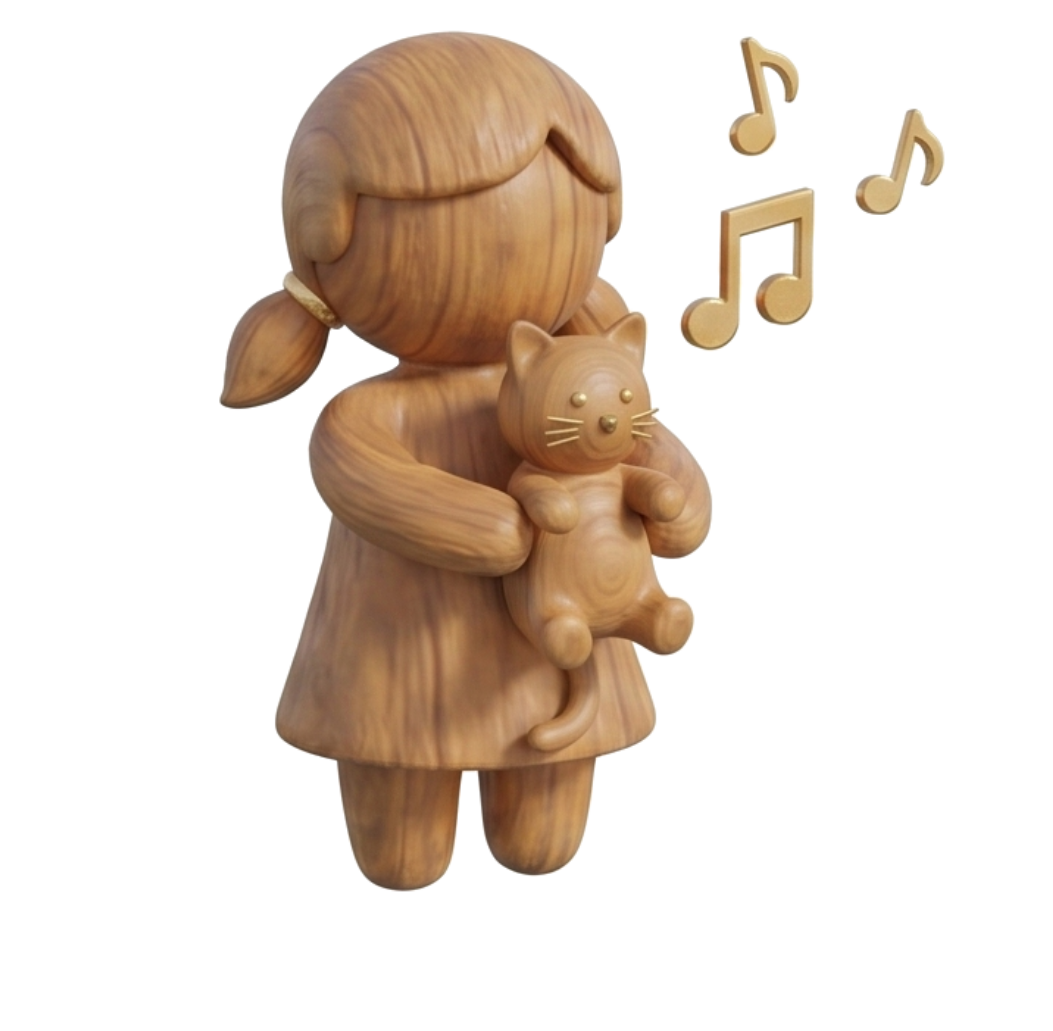Wooden figurine of a girl holding a cat, with musical notes floating around.