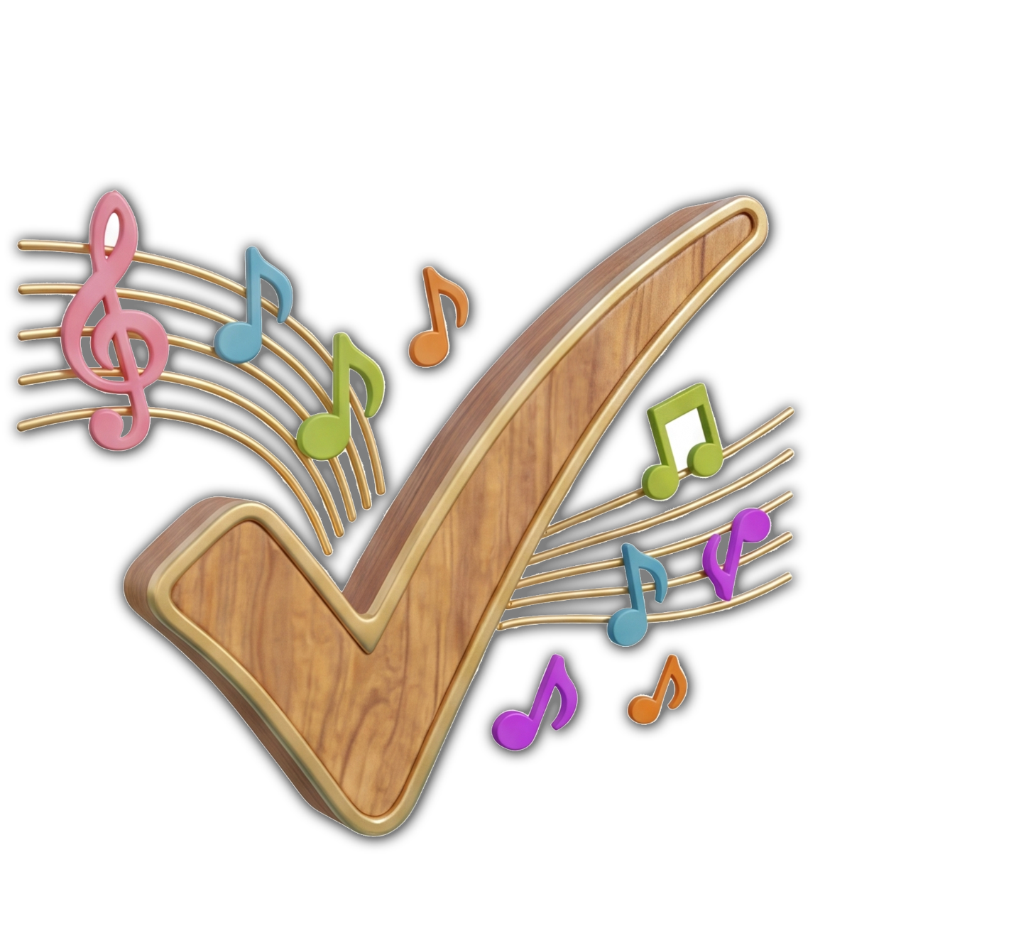 Wooden checkmark with colorful musical notes and staff lines around it, set against a black background.