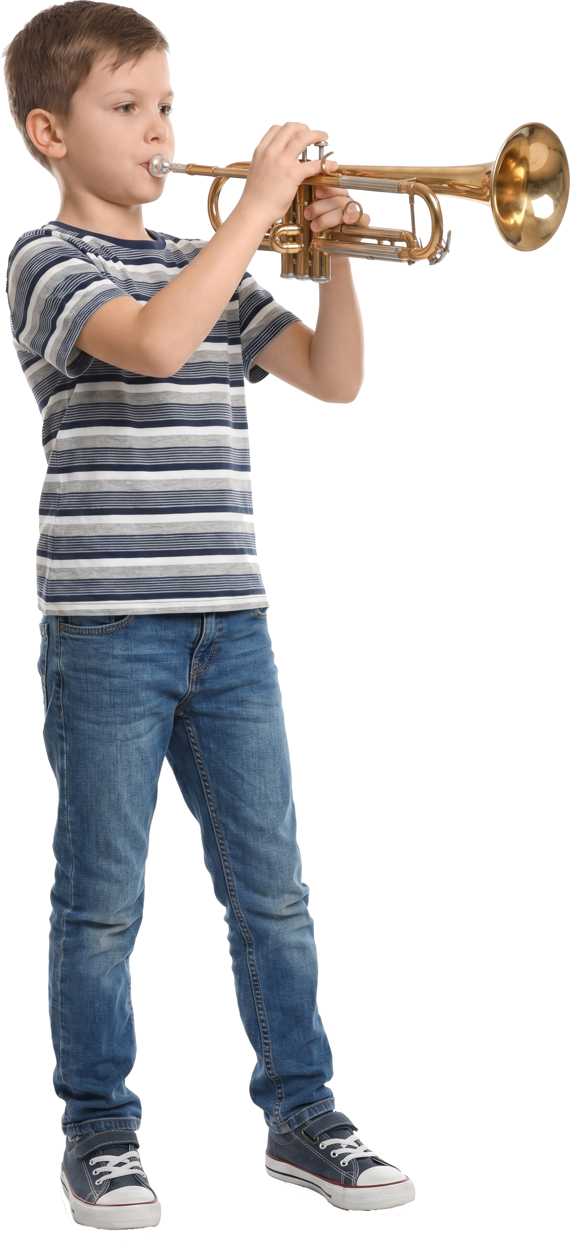 A young boy with short brown hair playing a small brass trumpet.