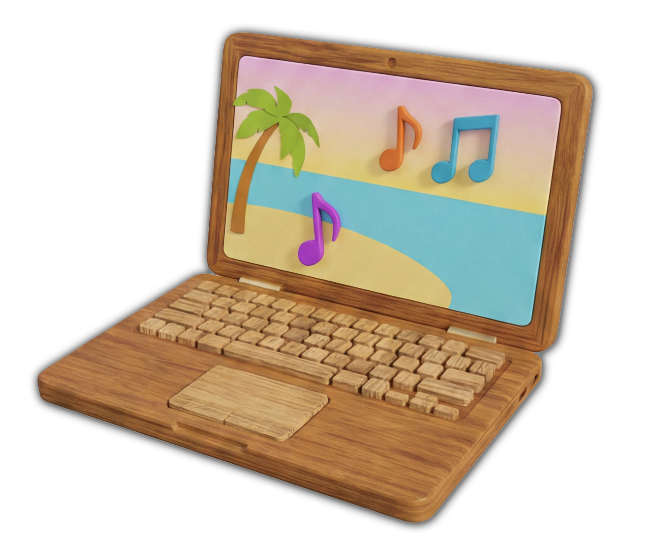 Wooden toy laptop with a beach scene illustration featuring a palm tree and ocean, decorated with colorful musical notes.