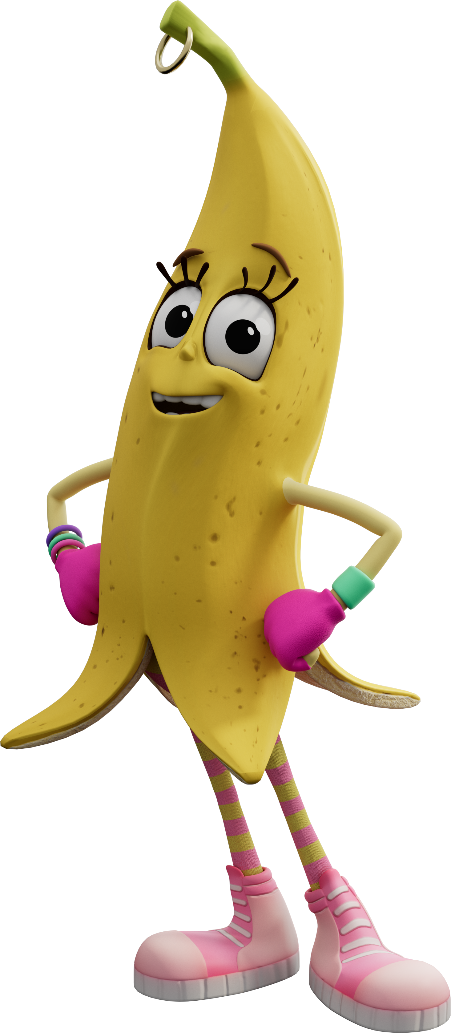 Animated character of a banana with a face, arms, and legs, wearing pink sneakers, yellow and pink striped socks, pink gloves, and colorful bracelets, standing with hands on hips and smiling.