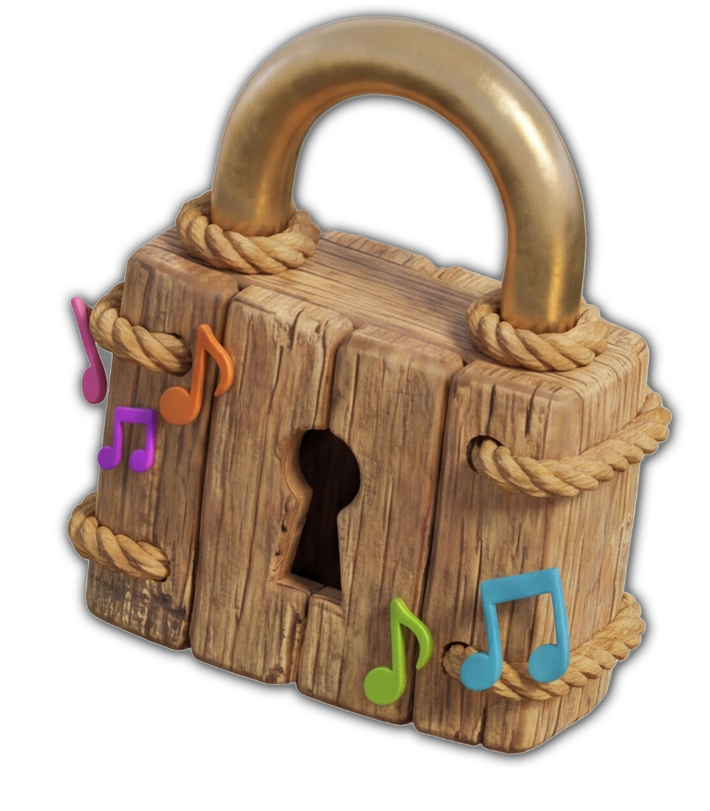 A decorative wooden lock with colorful musical note decorations attached to the sides, featuring a brass handle on top.