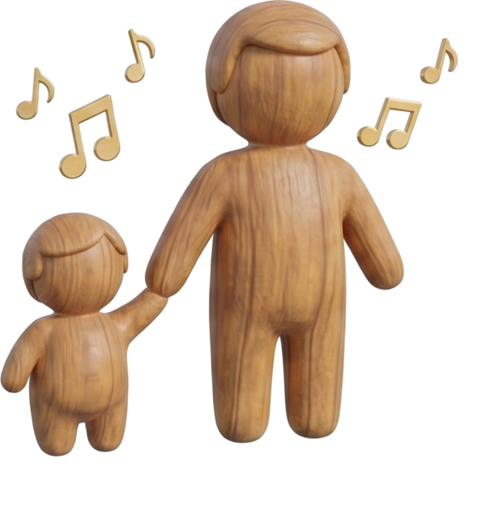 Wooden figurines of an adult and child holding hands with musical notes in the background.