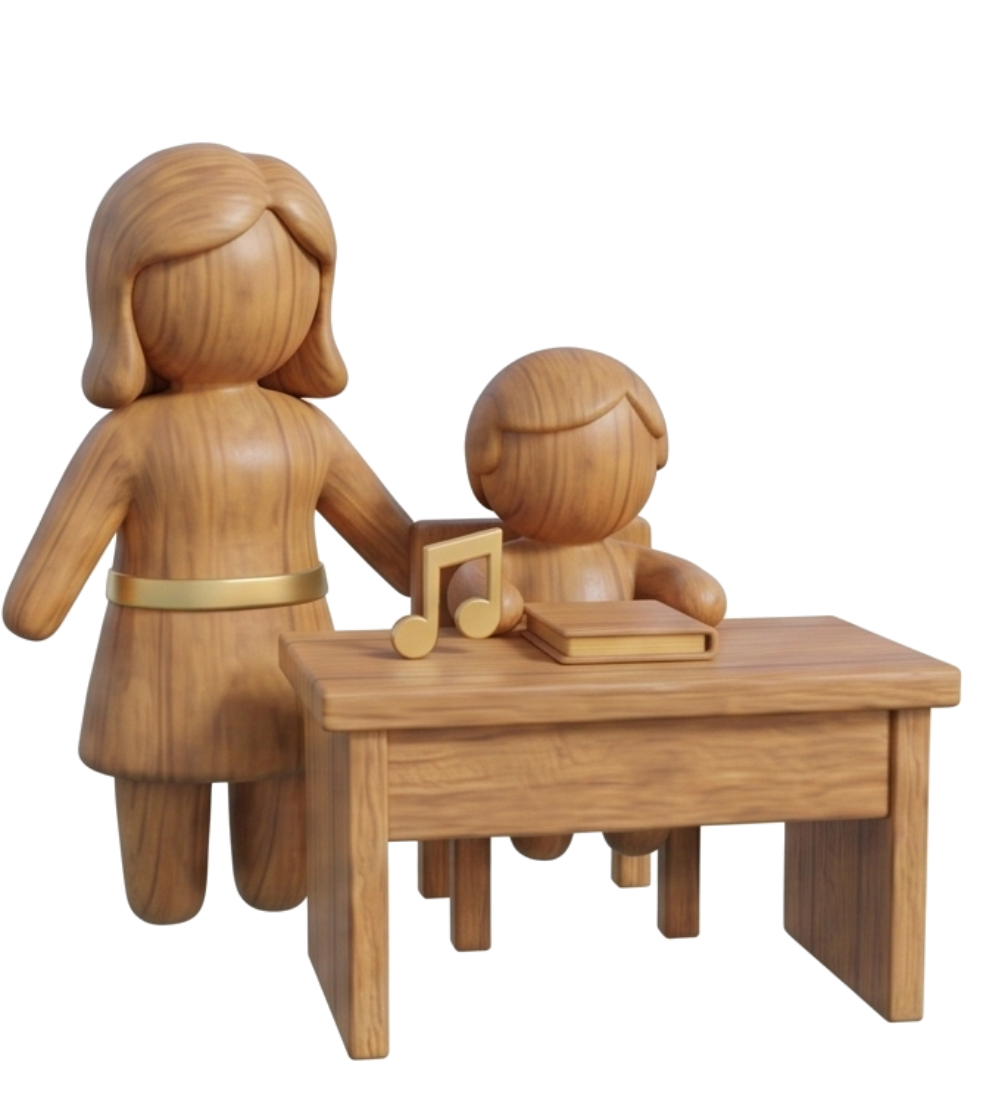 Wooden figurines of a woman and a child at a school desk; the woman is standing next to the desk, and there are musical note and book figurines on it.
