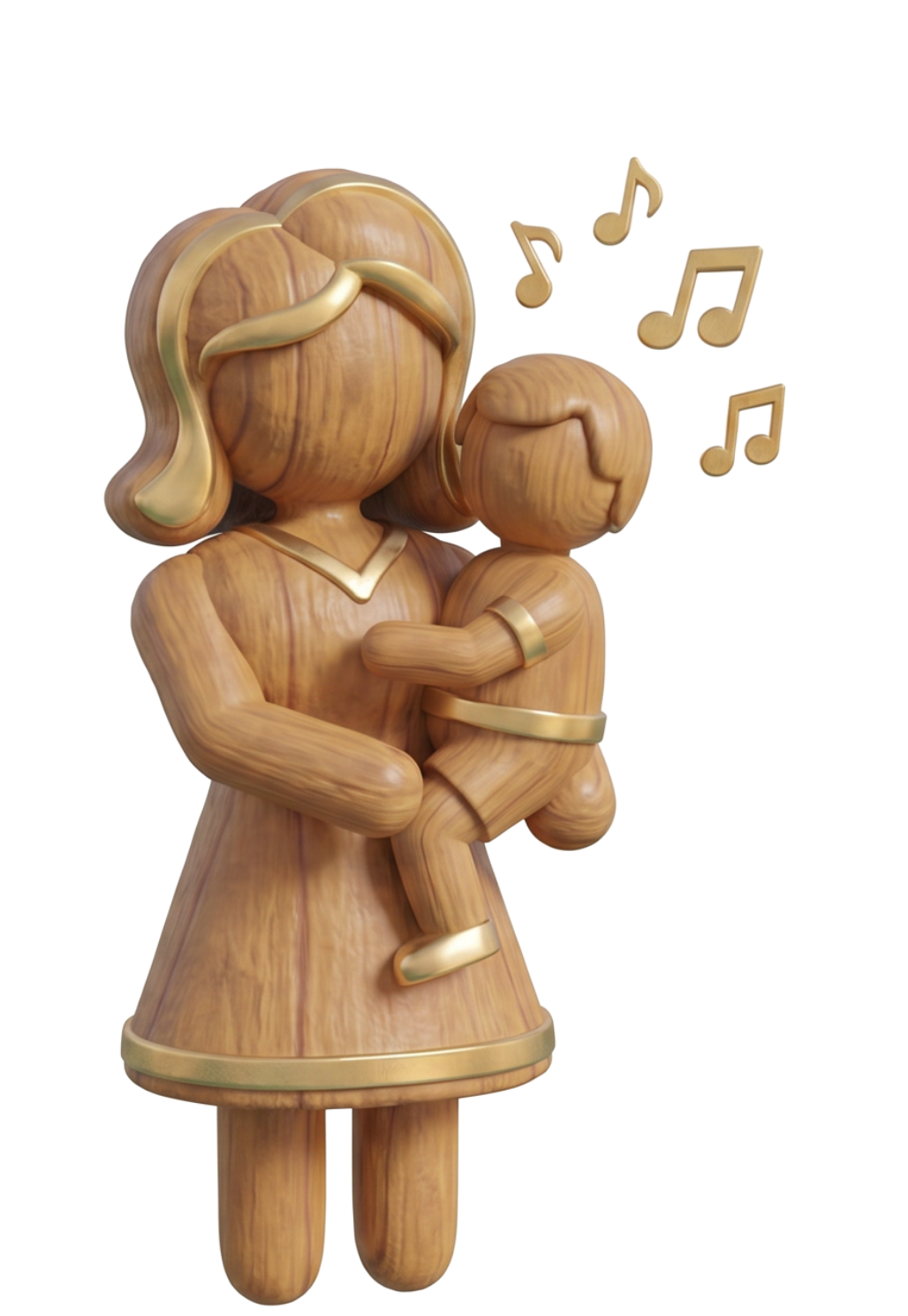 Wooden sculpture of a woman holding a child, with musical notes above.