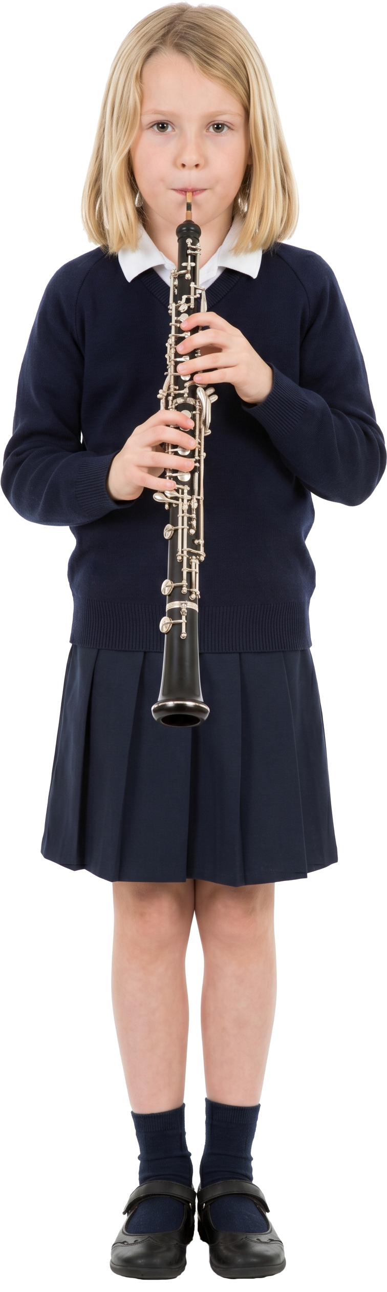 A young girl with blonde hair wearing a navy blue school uniform and playing a clarinet.