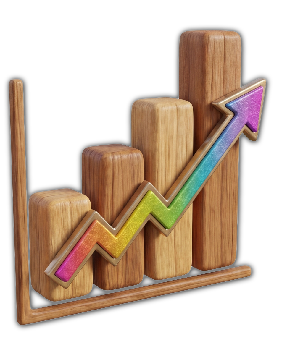 Wooden bars of varying heights with a rainbow-colored arrow overlayed, pointing upward, representing growth or increase, on a black background.