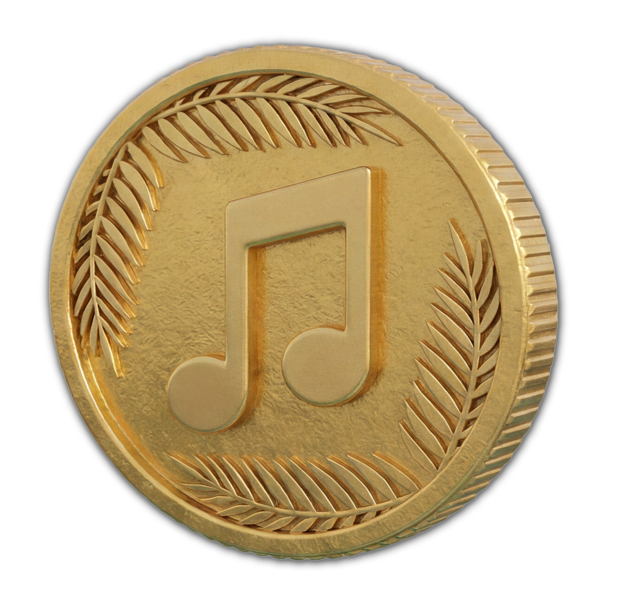 Gold coin with a musical note symbol in the center, surrounded by a wreath-like design, against a black background.
