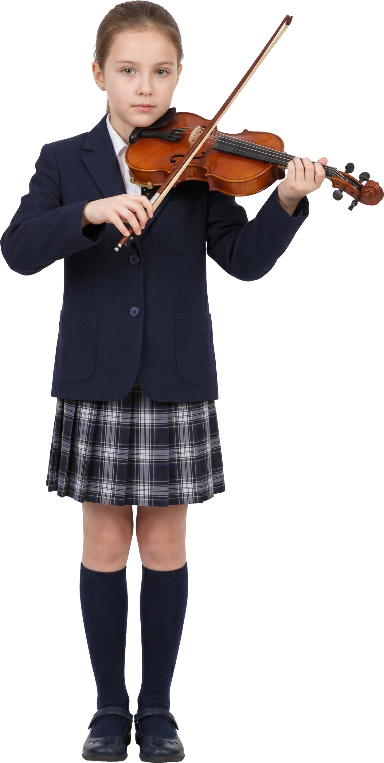 Young girl in school uniform playing the violin.
