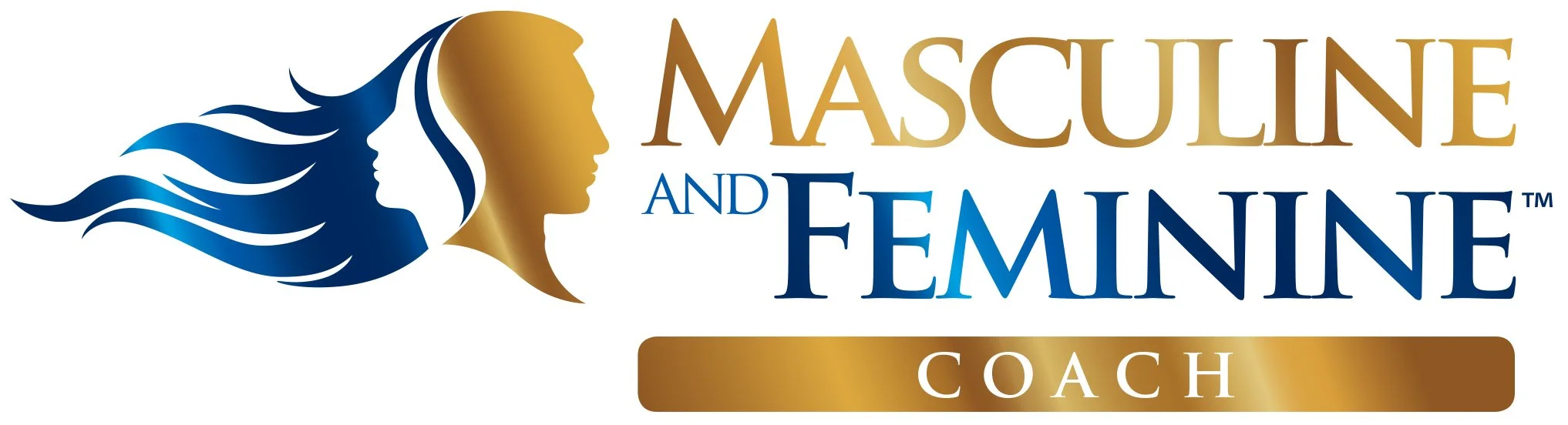 Logo for Masculine and Feminine Coach featuring profiles of a woman with flowing hair and a woman with short hair, with text in gold and blue.