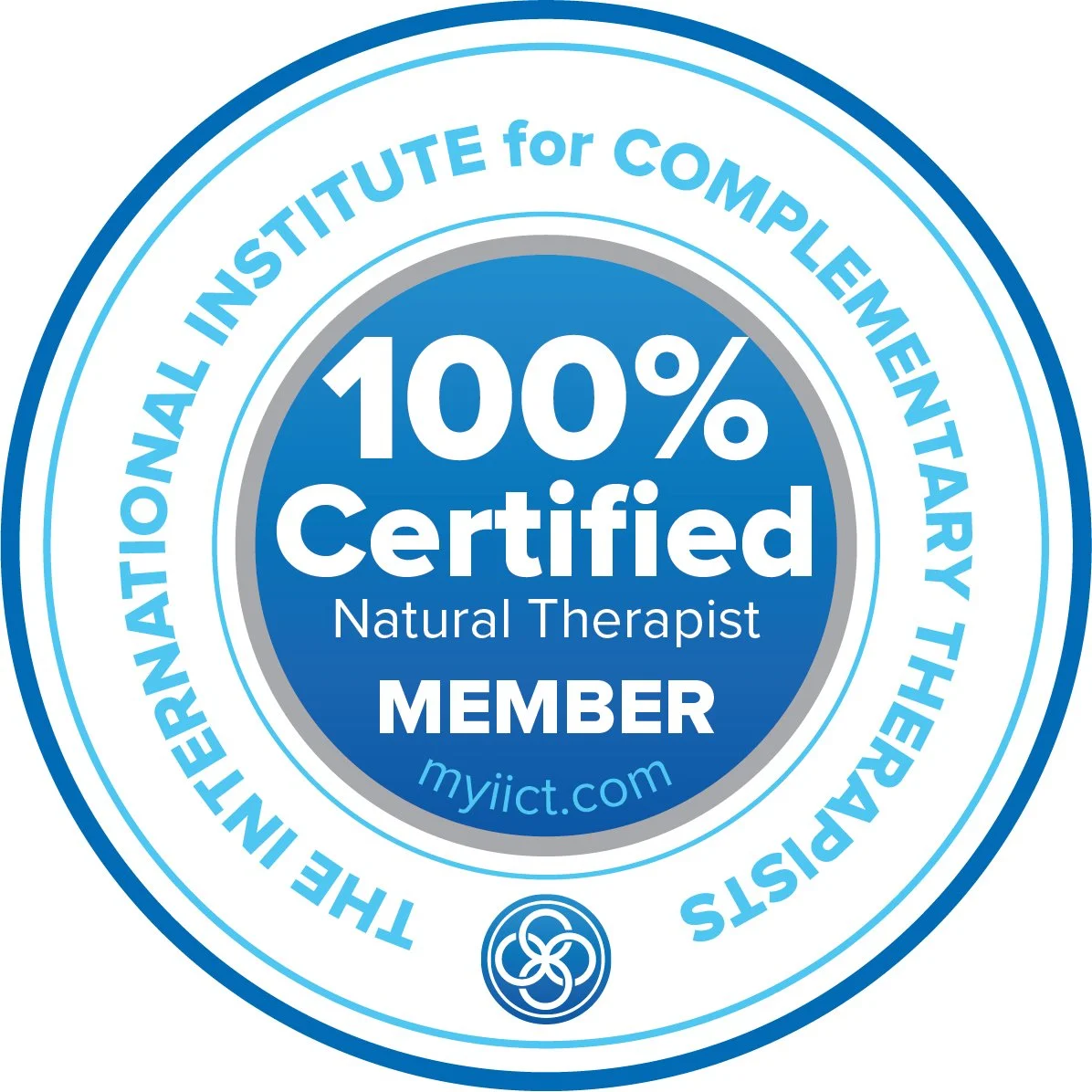 Certification badge with blue and gray tones stating '100% Certified Natural Therapist MEMBER' from mylict.com, indicating professional accreditation.