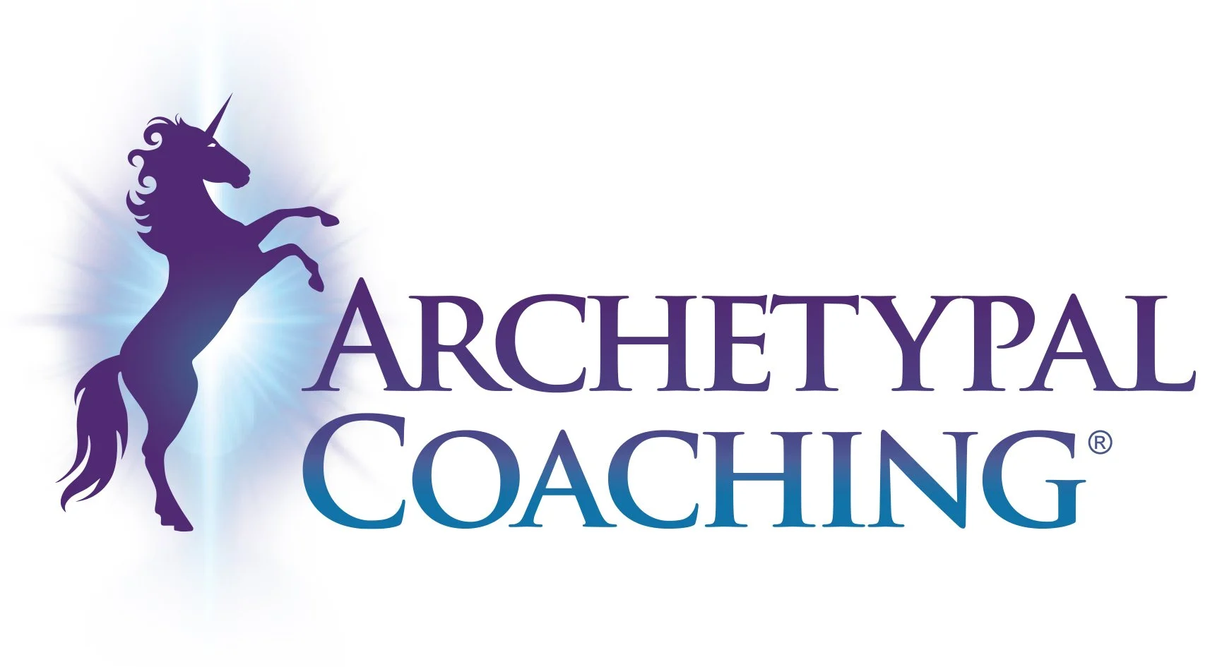 A purple unicorn with a glowing white and blue background next to the text 'Archetypal Coaching' in purple letters.