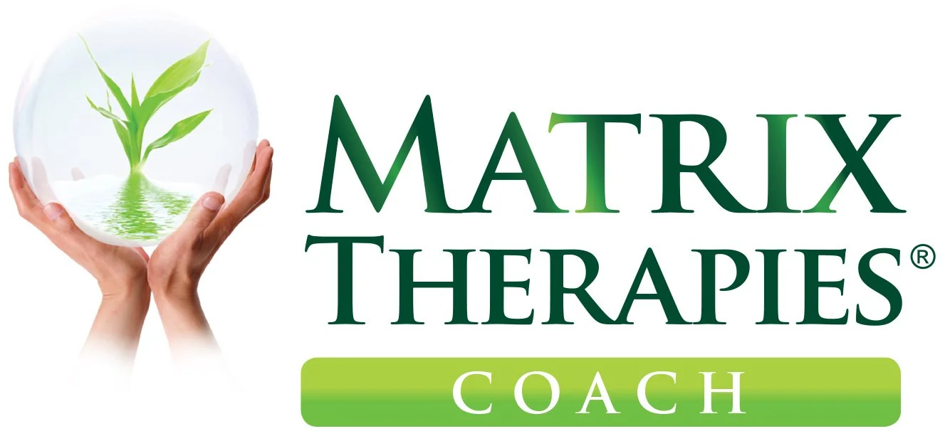 Logo for Matrix Therapies Coach with hands holding a glass sphere containing a green plant