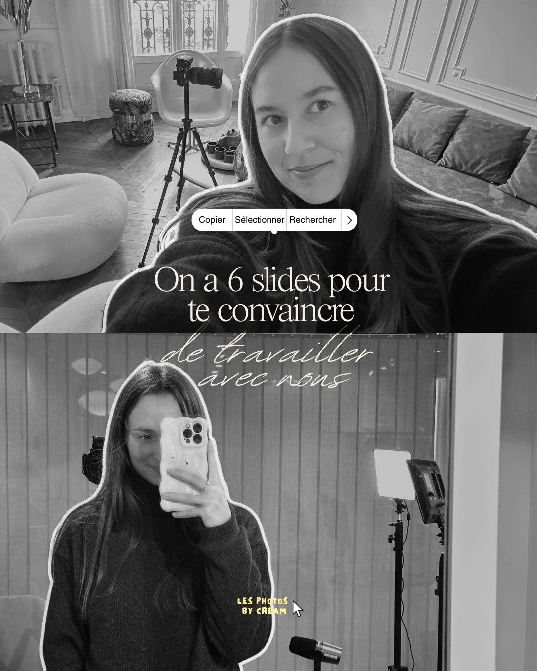 Personne nous a demand&eacute; de le faire que en 6 slides mais bon 👀

Les 50 photos comprises dans notre offre signature sont pens&eacute;es pour mettre en avant ton univers, raconter ton histoire, valoriser tes produits et/ou tes services, et surt