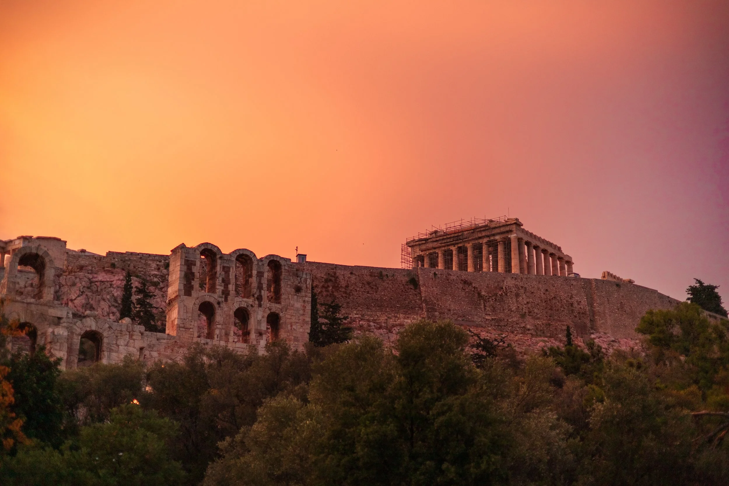 Ethereal atmospheric sunset at the Acropolis on a rare cloudy August day.
Athens, 2022.