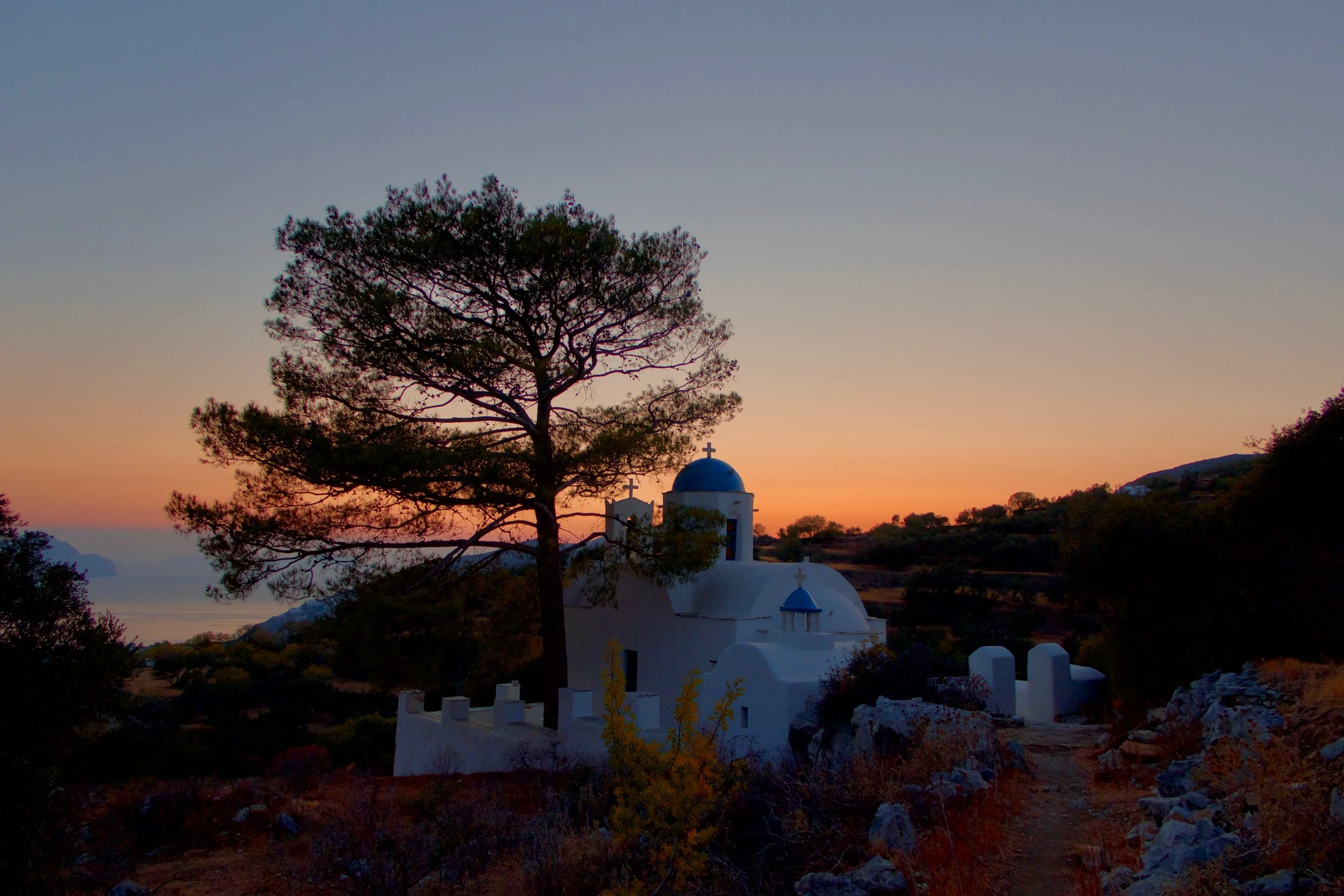 The beautiful church in the once abandoned village of Stroumbos, Amorgos, after sunset.