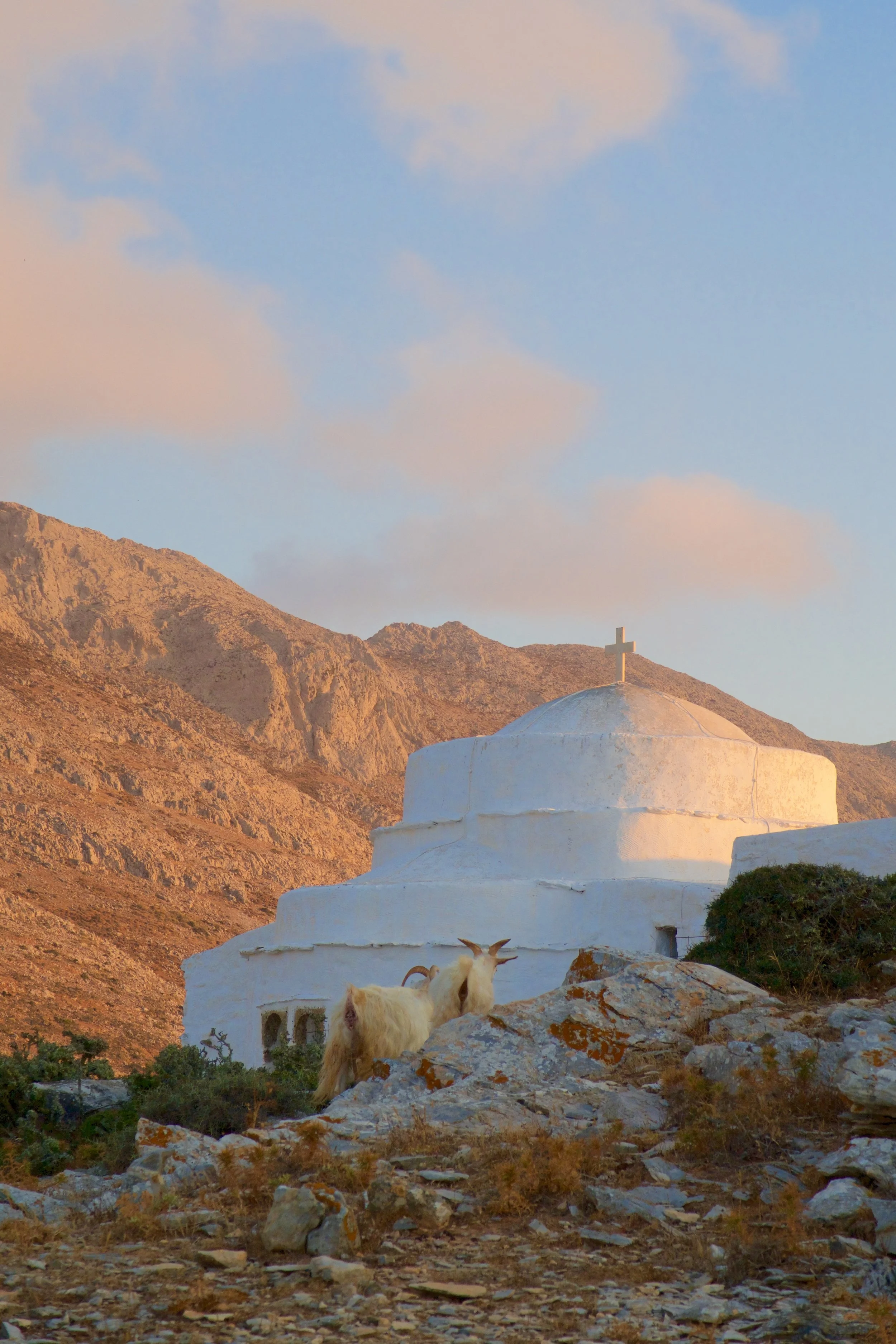 Soft evening light glazes the mountainside by Theologos (St. John the Theologian) monastery as goats roam free on the plateau.