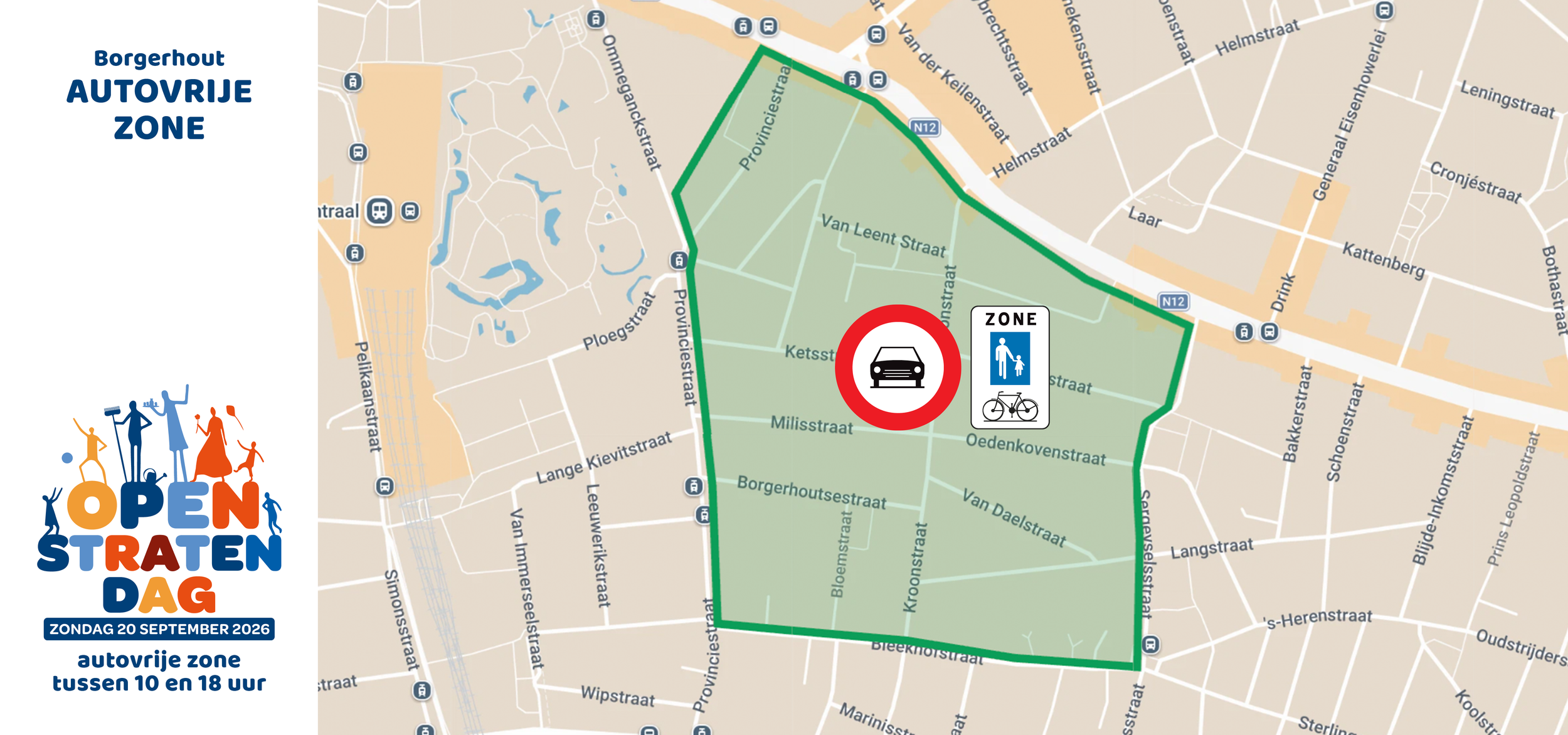 Kaart van de autovrije zone in Borgerhout op 20 september van 10u tot 18u