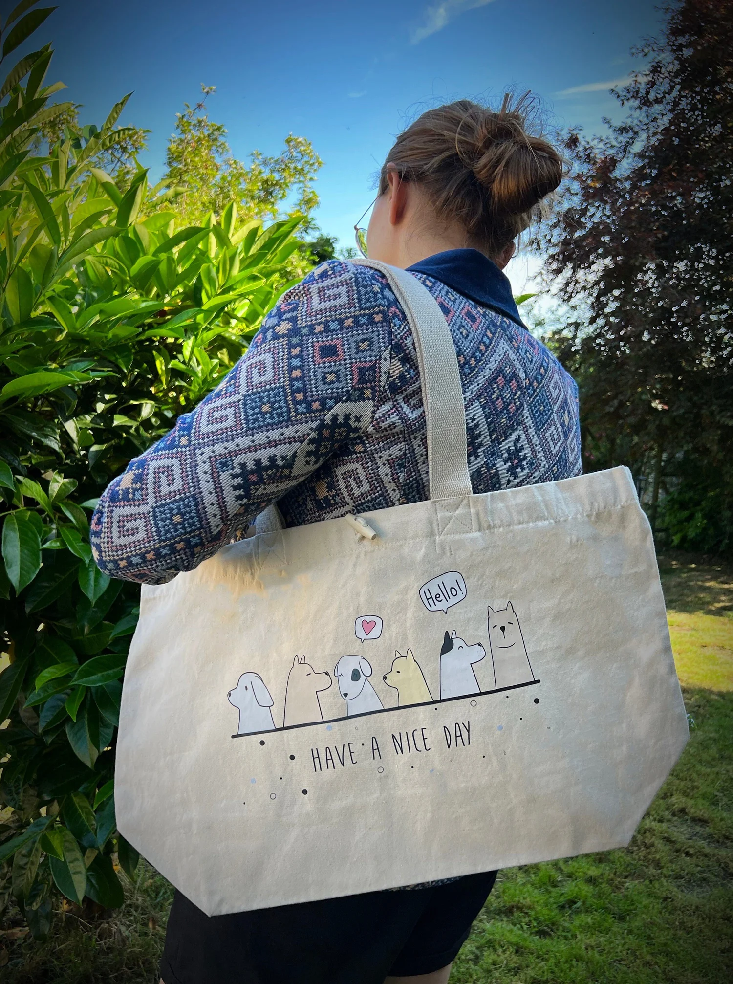 MALLOWEX Cotton Canvas Tote Bag - Zipper Closure, Large Capacity, Dog Print, 17.5x15x4 Inches