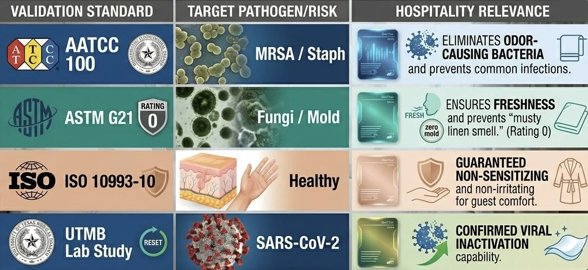 A chart displaying standards and their relevance to hospital infection control. It includes four rows: first row shows AATCC 100 standard targeting MRSA and Staph, which eliminates odor-causing bacteria; second row features ASTM G21 for fungi/mold preventing musty linen smell; third row indicates ISO 10993-10 for healthy, non-irritating textiles; fourth row presents UTMB Lab Study on SARS-CoV-2 confirming viral inactivation.