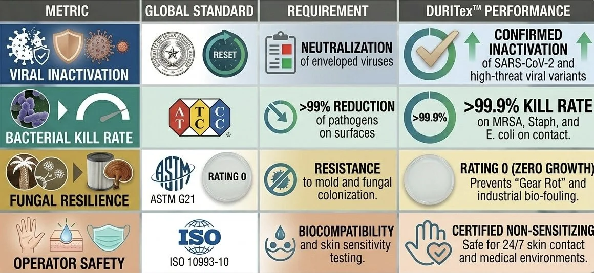 An infographic comparing metrics for viral inactivation, bacterial kill rate, fungal resilience, and operator safety of disinfectant standards with global standards, requirements, and performance outcomes.