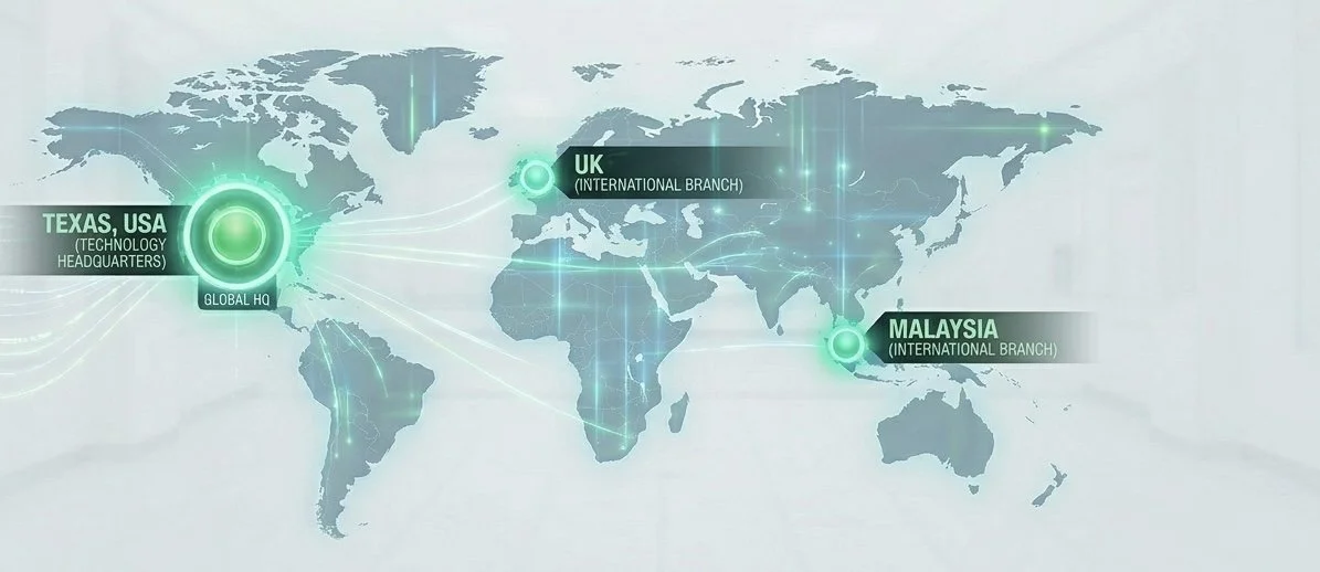 World map highlighting Texas, USA as the global headquarters, UK as an international branch, and Malaysia as an international branch, with connecting lines indicating global connections.