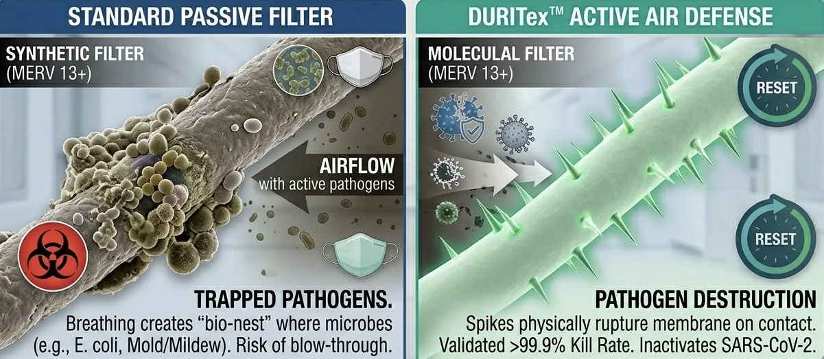 Comparison of standard passive filter and DURITex active air defense filter for air purification. The passive filter shows trapped pathogens and airflow with active pathogens, with a bio-nest creating risk of blow-through. The active filter depicts a molecular filter destroying pathogens with spikes that rupture their membranes, with a >99.9% kill rate and SARS-CoV-2 inactivation.