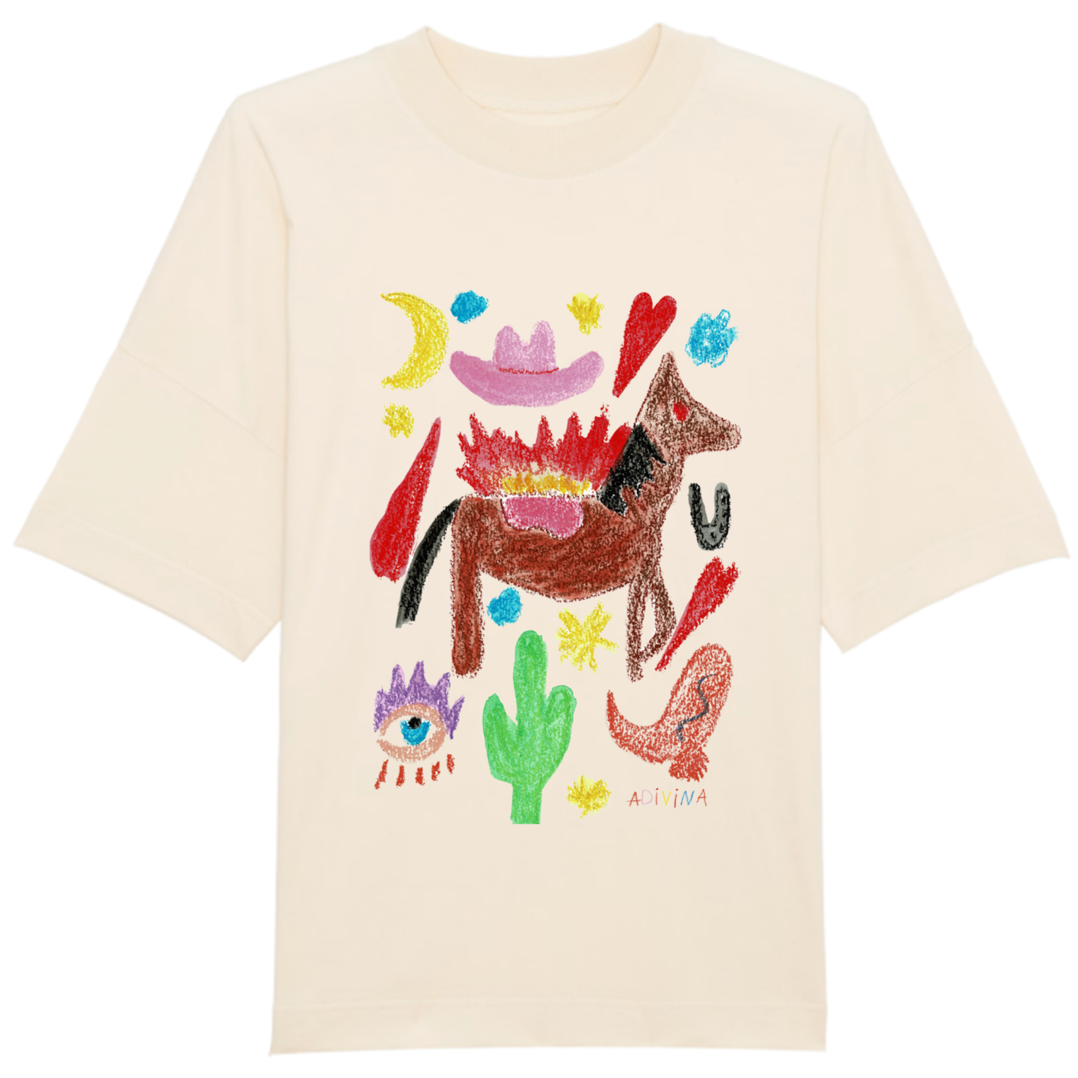 T-shirt blanc avec un dessin coloré de style enfantin comprenant un cheval, une main, un œil, un cactus, des cœurs, des étoiles, une lune, et le mot 'ADIVINA' écrit en bas à droite.