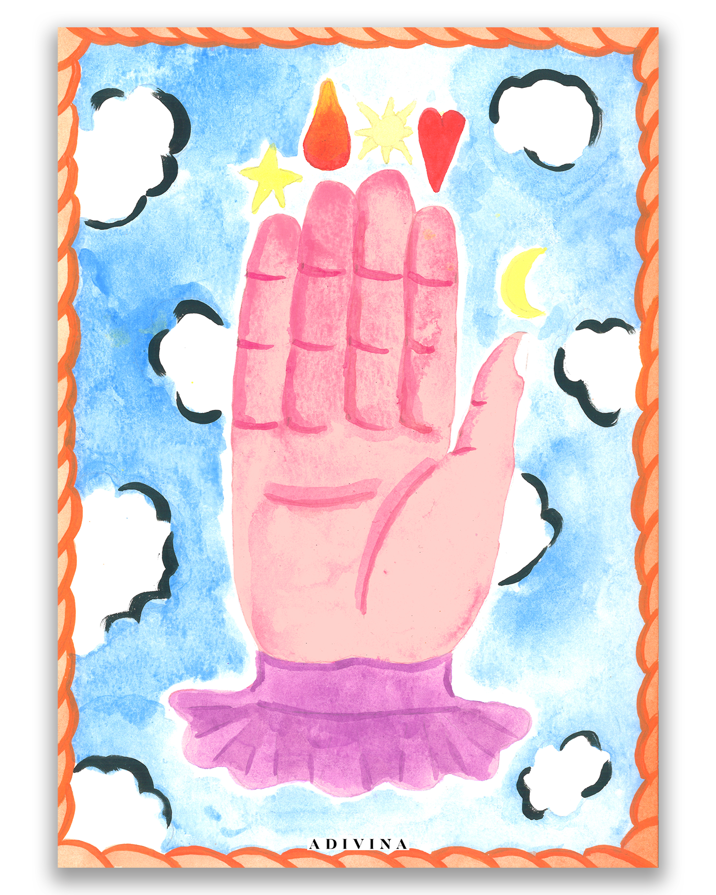 Une main rose orientée vers le haut au centre de l'image avec des nuages, des étoiles, un cœur, une lune, une gouttelette et une étoile en haut. Bordure orange en style tresse.