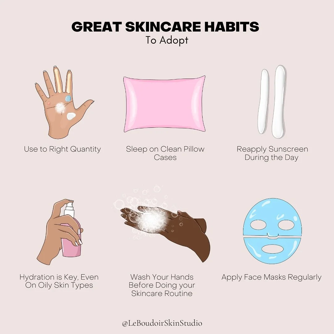 ✨ Great Skincare Habits to Adopt ✨

Consistency in your daily habits makes all the difference for glowing, healthy skin.

💧 Use the Right Quantity : Using too much or too little product can reduce effectiveness. Stick to recommended amounts for the 