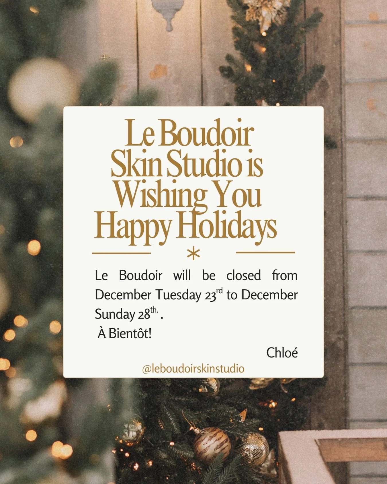 ✨ Happy Holidays from Le Boudoir Skin Studio ✨

As the year comes to an end, I want to take a moment to thank you for your trust, loyalty and for allowing me to be part of your self-care journey 🤍

Le Boudoir Skin Studio will be closed from Tuesday,