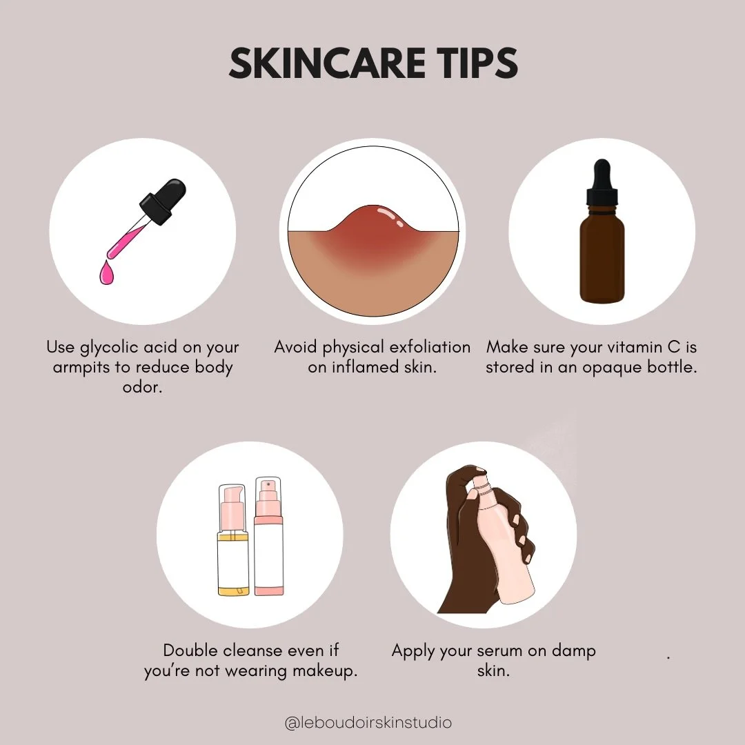 Explanations of these skincare tips : 

1️⃣ Glycolic acid on underarms
Glycolic acid doesn&rsquo;t mask odor but it works by lowering the skin&rsquo;s pH so it&rsquo;s making it harder for odor-causing bacteria to thrive. It also gently exfoliates, h