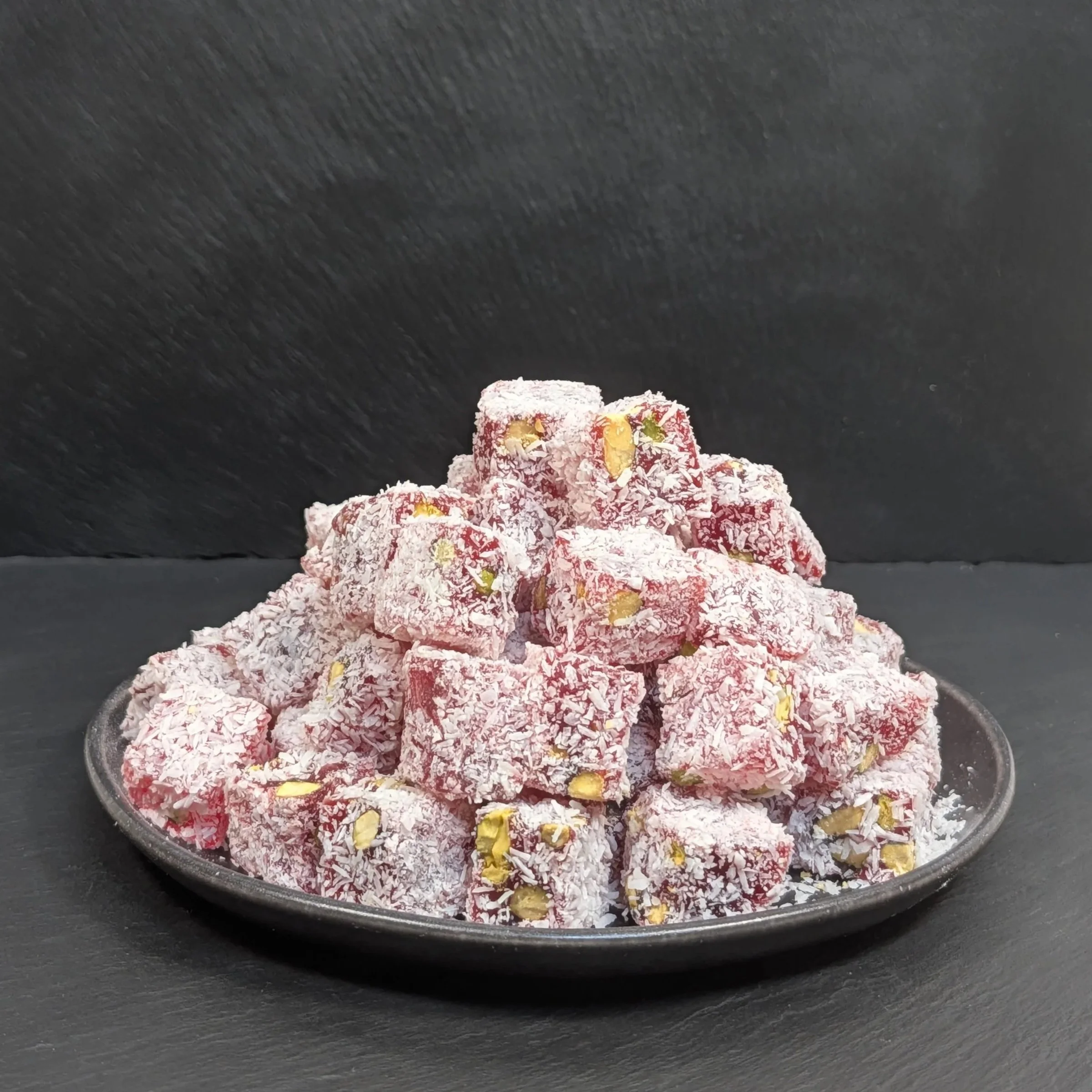 Turkish Delight Cubes with Pomegranate Flavour, Pistachios & Desiccated Coconut