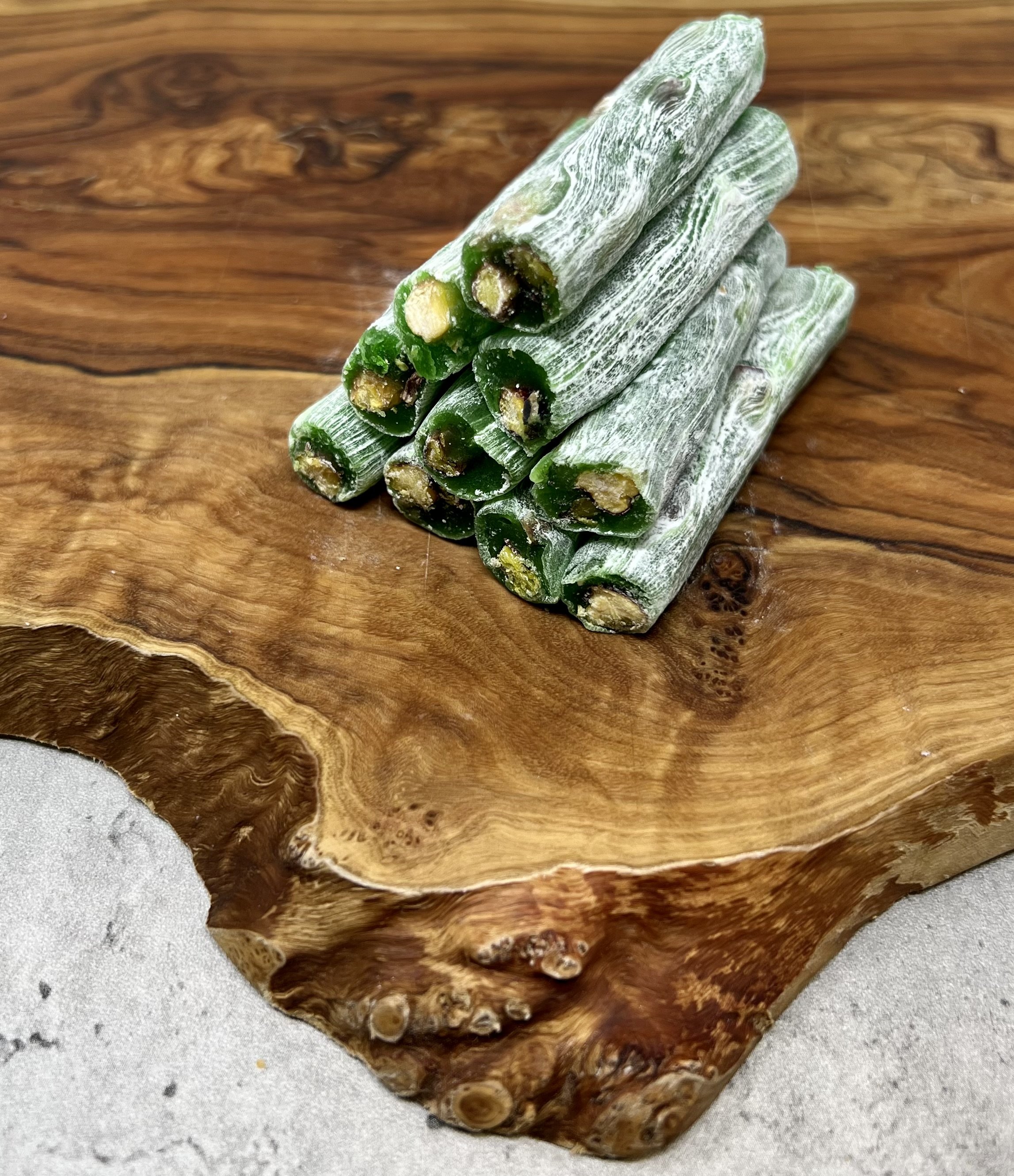 Turkish Delight Lokum Fingers with Apple Flavour and Pistachios. UK's largest Online Shop for Turkish Delight. Customise your Box. Exciting Sales.