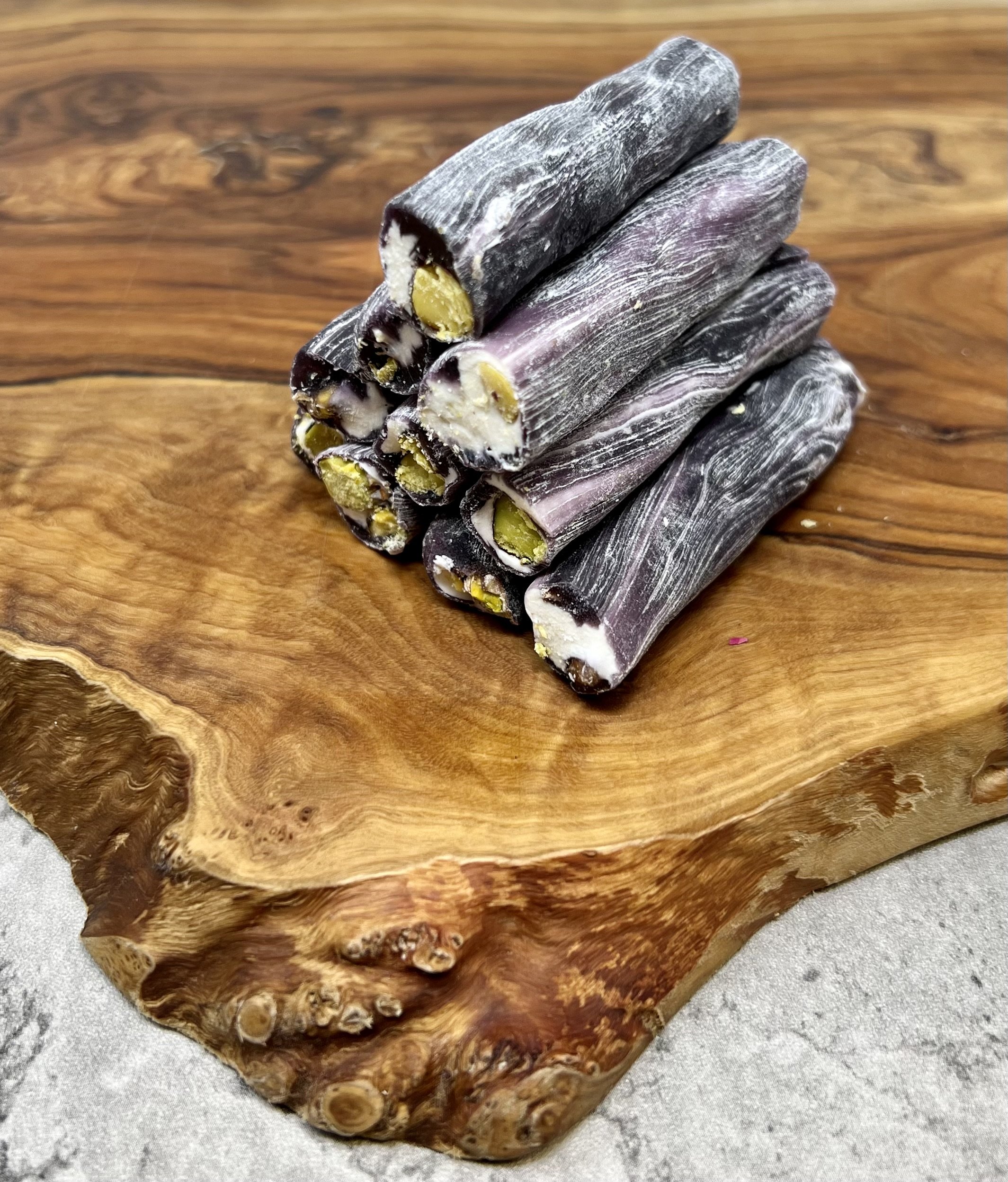 Turkish Delight Lokum Fingers with Blackberry Flavour and Pistachios. UK's largest Online Shop for Turkish Delight.Customise your Box. Exciting Sales