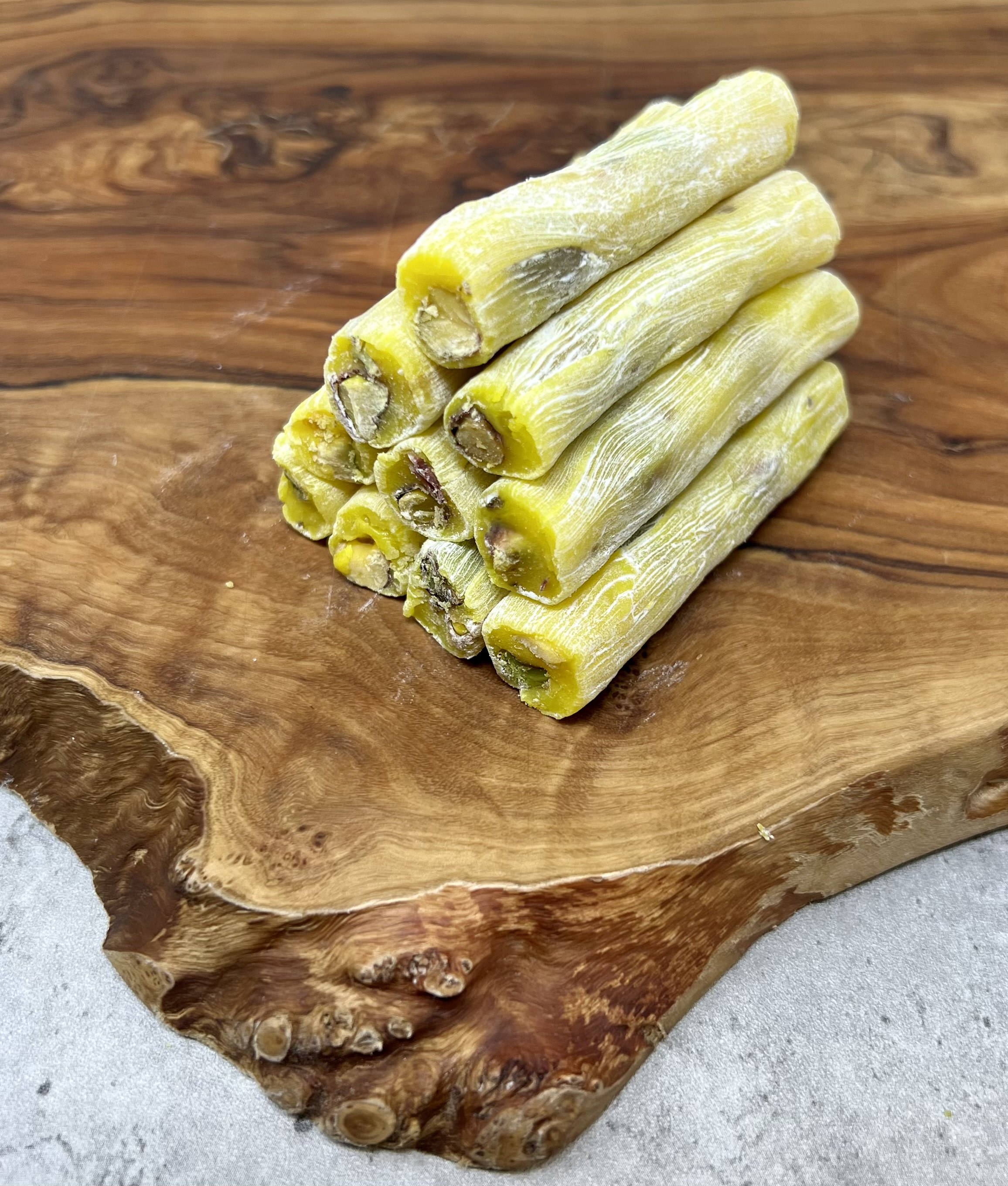 Turkish Delight Lokum Fingers with Lemon Flavour and Pistachios. UK's largest Online Shop for Turkish Delight. Customise your Box. Exciting Sales.